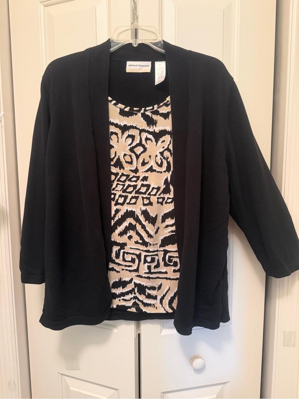 Alfred Dunner Black Open Cardigan with Cream & Black Patterned Shell